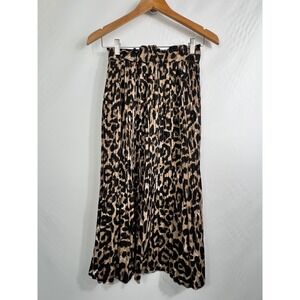 Simlu‎ Leopard Print Pleated Midi Skirt Tan Black Paperbag Waist Womens Small